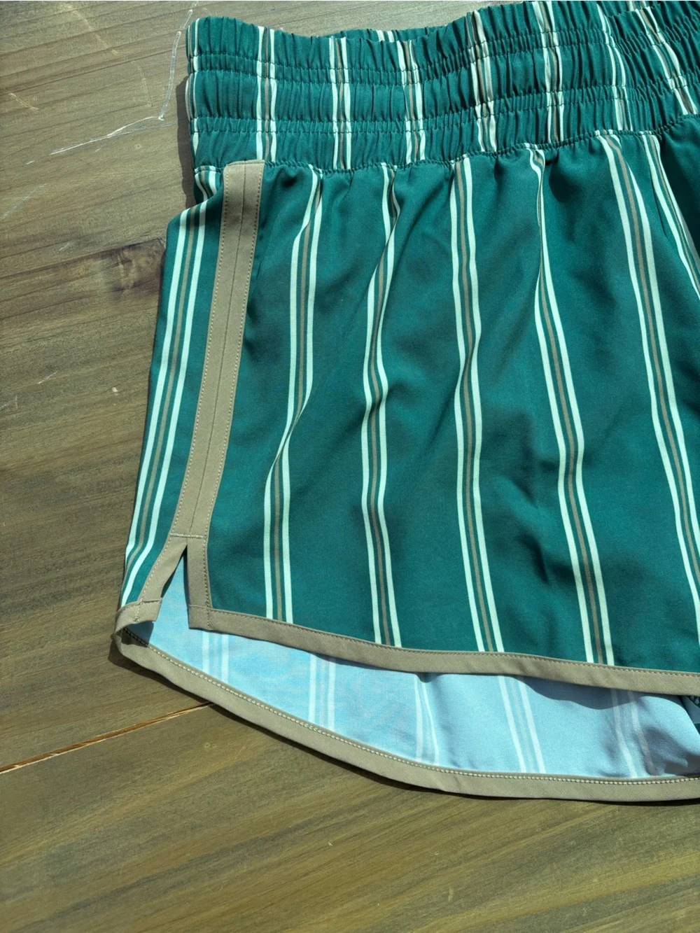 DSG Green Striped Athletic Shorts with Tan Trim